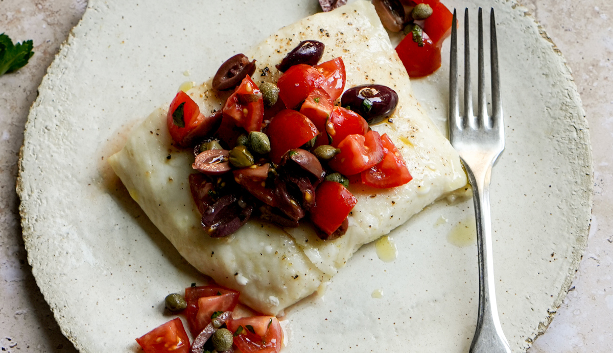 Grilled Halibut with Tomato, Olive and Caper Salsa